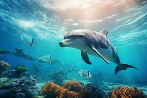 Dolphin swimming in the ocean. 3d rendering. Underwater world. ai generated pro photo