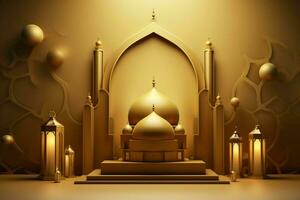 3d illustration of Eid Mubarak background with mosque and golden lanterns. ai generated pro photo