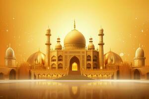 3d illustration of Eid Mubarak background with mosque and golden lanterns. ai generated pro photo