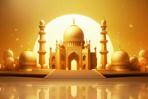 3d illustration of Eid Mubarak background with mosque and golden lanterns. ai generated pro photo