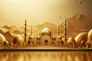 3d illustration of Eid Mubarak background with mosque and golden lanterns. ai generated pro photo