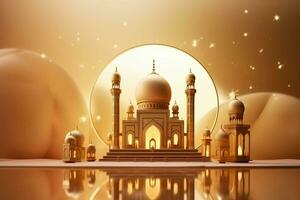 3d illustration of Eid Mubarak background with mosque and golden lanterns. ai generated pro photo