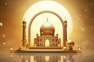 3d illustration of Eid Mubarak background with mosque and golden lanterns. ai generated pro photo