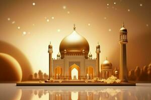 3d illustration of Eid Mubarak background with mosque and golden lanterns. ai generated pro photo