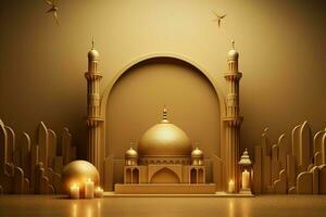 3d illustration of Eid Mubarak background with mosque and golden lanterns. ai generated pro photo