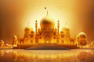 3d illustration of Eid Mubarak background with mosque and golden lanterns. ai generated pro photo