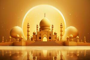 3d illustration of Eid Mubarak background with mosque and golden lanterns. ai generated pro photo