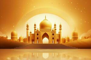 3d illustration of Eid Mubarak background with mosque and golden lanterns. ai generated pro photo