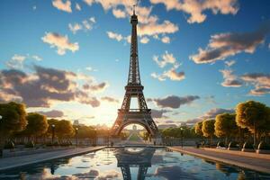 eiffel torre en París, Francia a puesta de sol. 3d representación. ai generado Pro foto