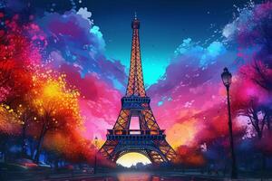 Eiffel tower in neon style on the background of the night sky, Eiffel Tower at night in Paris, France. ai generated pro photo