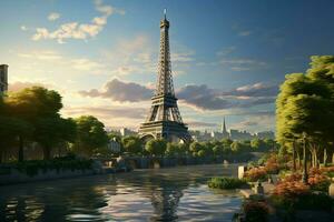 eiffel torre en París, Francia a puesta de sol. 3d representación. ai generado Pro foto