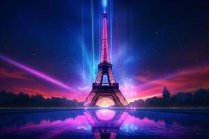 Eiffel tower in neon style on the background of the night sky, Eiffel Tower at night in Paris, France. ai generated pro photo