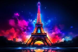 Eiffel tower in neon style on the background of the night sky, Eiffel Tower at night in Paris, France. ai generated pro photo