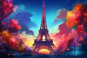 Eiffel tower in neon style on the background of the night sky, Eiffel Tower at night in Paris, France. ai generated pro photo