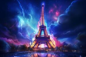 Eiffel tower in neon style on the background of the night sky, Eiffel Tower at night in Paris, France. ai generated pro photo