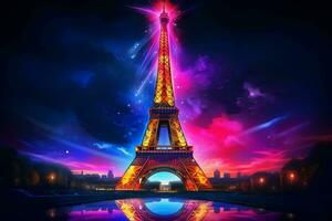 Eiffel tower in neon style on the background of the night sky, Eiffel Tower at night in Paris, France. ai generated pro photo