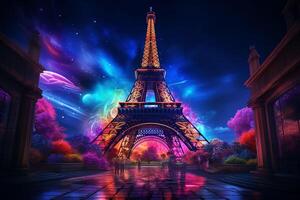 Eiffel tower in neon style on the background of the night sky, Eiffel Tower at night in Paris, France. ai generated pro photo