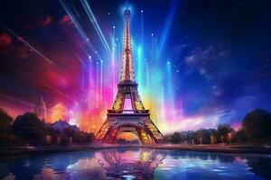 Eiffel tower in neon style on the background of the night sky, Eiffel Tower at night in Paris, France. ai generated pro photo