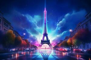 Eiffel tower in neon style on the background of the night sky, Eiffel Tower at night in Paris, France. ai generated pro photo