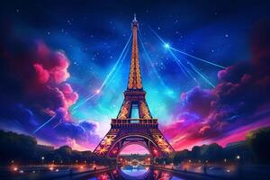 Eiffel tower in neon style on the background of the night sky, Eiffel Tower at night in Paris, France. ai generated pro photo