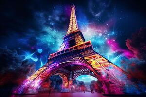 Eiffel tower in neon style on the background of the night sky, Eiffel Tower at night in Paris, France. ai generated pro photo