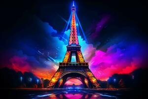 Eiffel tower in neon style on the background of the night sky, Eiffel Tower at night in Paris, France. ai generated pro photo