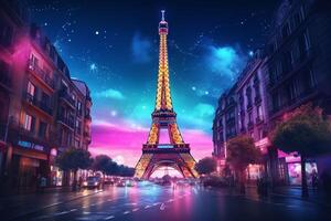 Eiffel tower in neon style on the background of the night sky, Eiffel Tower at night in Paris, France. ai generated pro photo