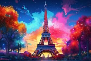 Eiffel tower in neon style on the background of the night sky, Eiffel Tower at night in Paris, France. ai generated pro photo