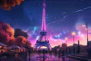 Eiffel tower in neon style on the background of the night sky, Eiffel Tower at night in Paris, France. ai generated pro photo