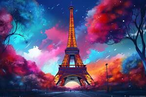 Eiffel tower in neon style on the background of the night sky, Eiffel Tower at night in Paris, France. ai generated pro photo