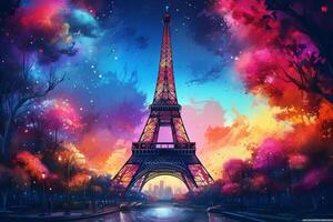 Eiffel tower in neon style on the background of the night sky, Eiffel Tower at night in Paris, France. ai generated pro photo