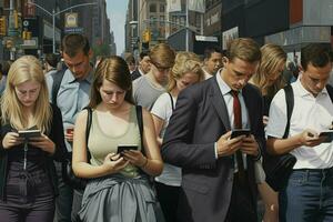 grupo de joven personas utilizando su teléfonos inteligentes en el calle. urbano escena. ai generado Pro foto