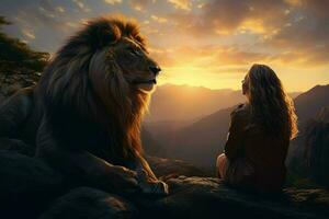 Lion and woman on the top of the mountain at sunset. ai generated pro photo