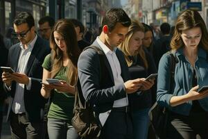 grupo de joven personas utilizando su teléfonos inteligentes en el calle. urbano escena. ai generado Pro foto