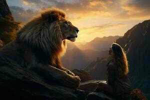 Lion and woman on the top of the mountain at sunset. ai generated pro photo