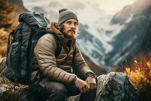 Handsome bearded man with a backpack sitting on a rock in the mountains. ai generated pro photo