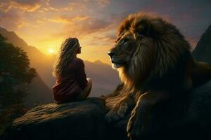 Lion and woman on the top of the mountain at sunset. ai generated pro photo