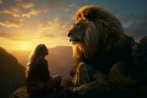 Lion and woman on the top of the mountain at sunset. ai generated pro photo