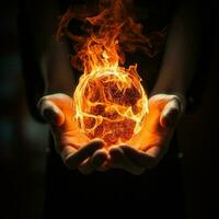 Close up of human hands holding burning earth planet. Global warming concept. ai generated pro photo