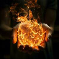 Close up of human hands holding burning earth planet. Global warming concept. ai generated pro photo
