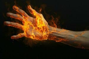 Hand with fire on a black background. Close-up of human hand. ai generated pro photo