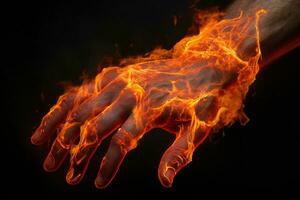 Hand with fire on a black background. Close-up of human hand. ai generated pro photo