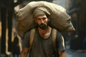 Portrait of a young day laborer carrying a heavy bag on his head. ai generated pro photo