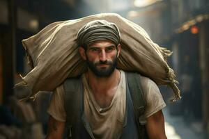 Portrait of a young day laborer carrying a heavy bag on his head. ai generated pro photo