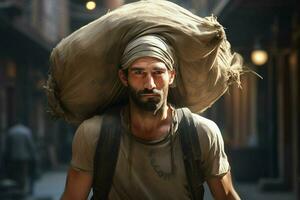 Portrait of a young day laborer carrying a heavy bag on his head. ai generated pro photo