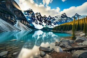 Mountains and lake in Banff National Park, Alberta, Canada. ai generated pro photo