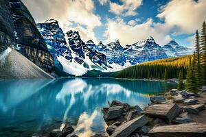 Mountains and lake in Banff National Park, Alberta, Canada. ai generated pro photo