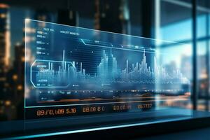 resumen brillante forex gráfico interfaz en borroso noche ciudad antecedentes. Finanzas y comercio concepto. doble exposición. ai generado Pro foto