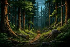 Fantasy forest with old trees and stairs. Fresh green forest with rocks and trees. ai generated  pro photo