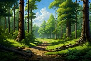 Fantasy forest with old trees and stairs. Fresh green forest with rocks and trees. ai generated  pro photo